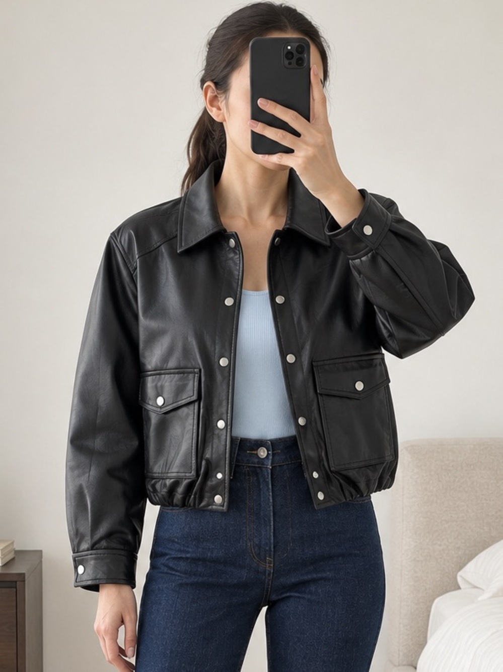 Charlotte Muse London Black Leather Cropped Utility Jacket Zebra Lining Size S
